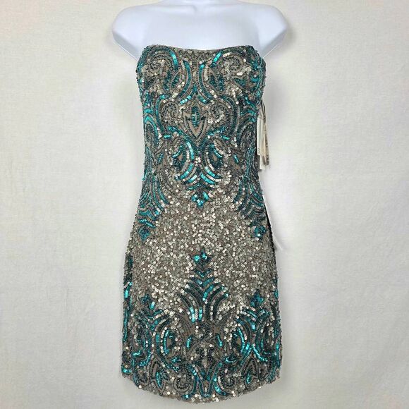 Scala Sequin Beaded Mini Dress 48528 Size 8 NWT Silver Teal - Picture 2 of 7